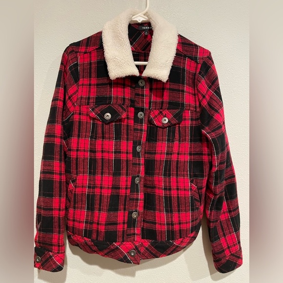 Torrid Size 0 red and black plaid button up jacket with white Sherpa col… - Picture 1 of 7